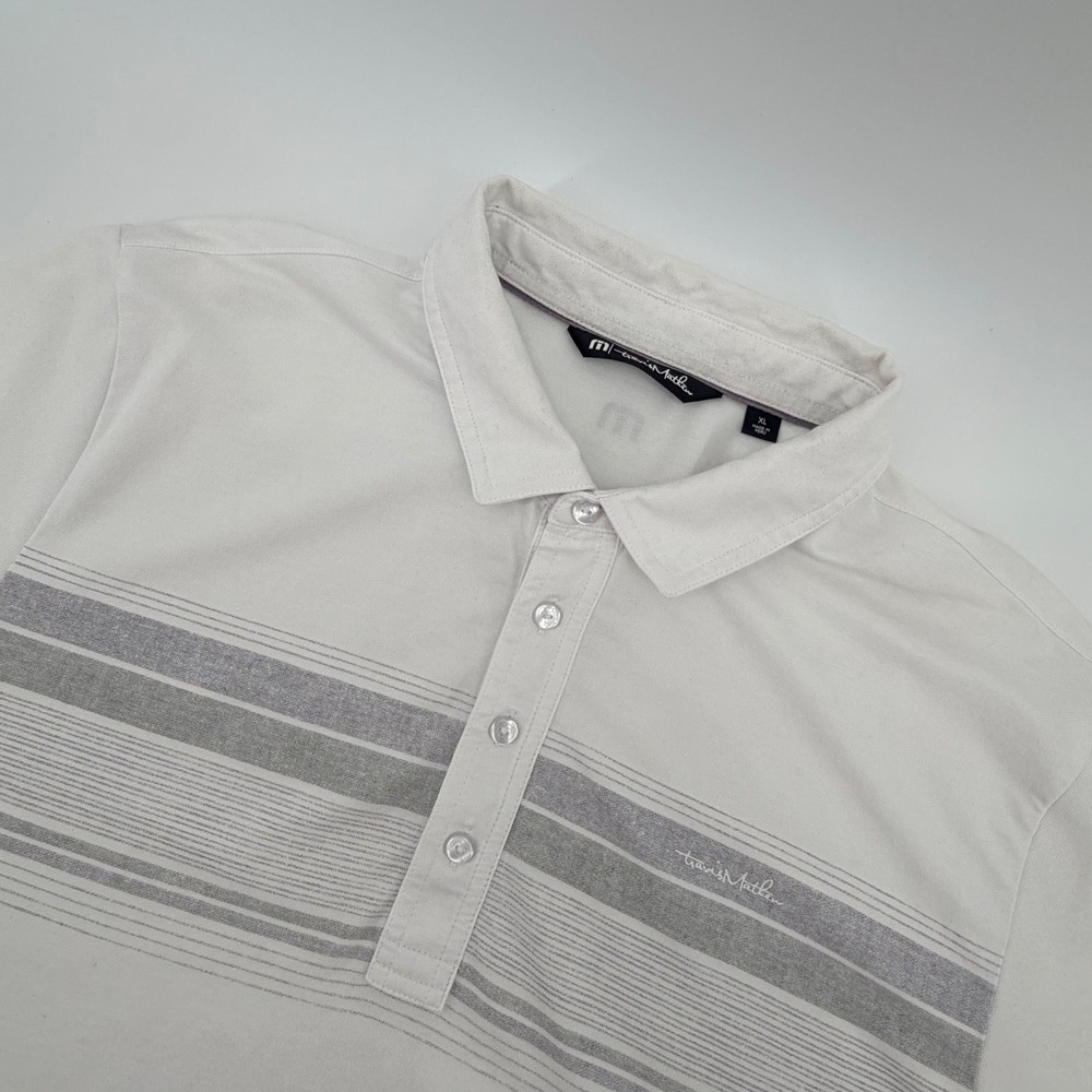 TravisMathew Polo Shirt Mens XL White Grey Striped Short Sleeve BCG Logo